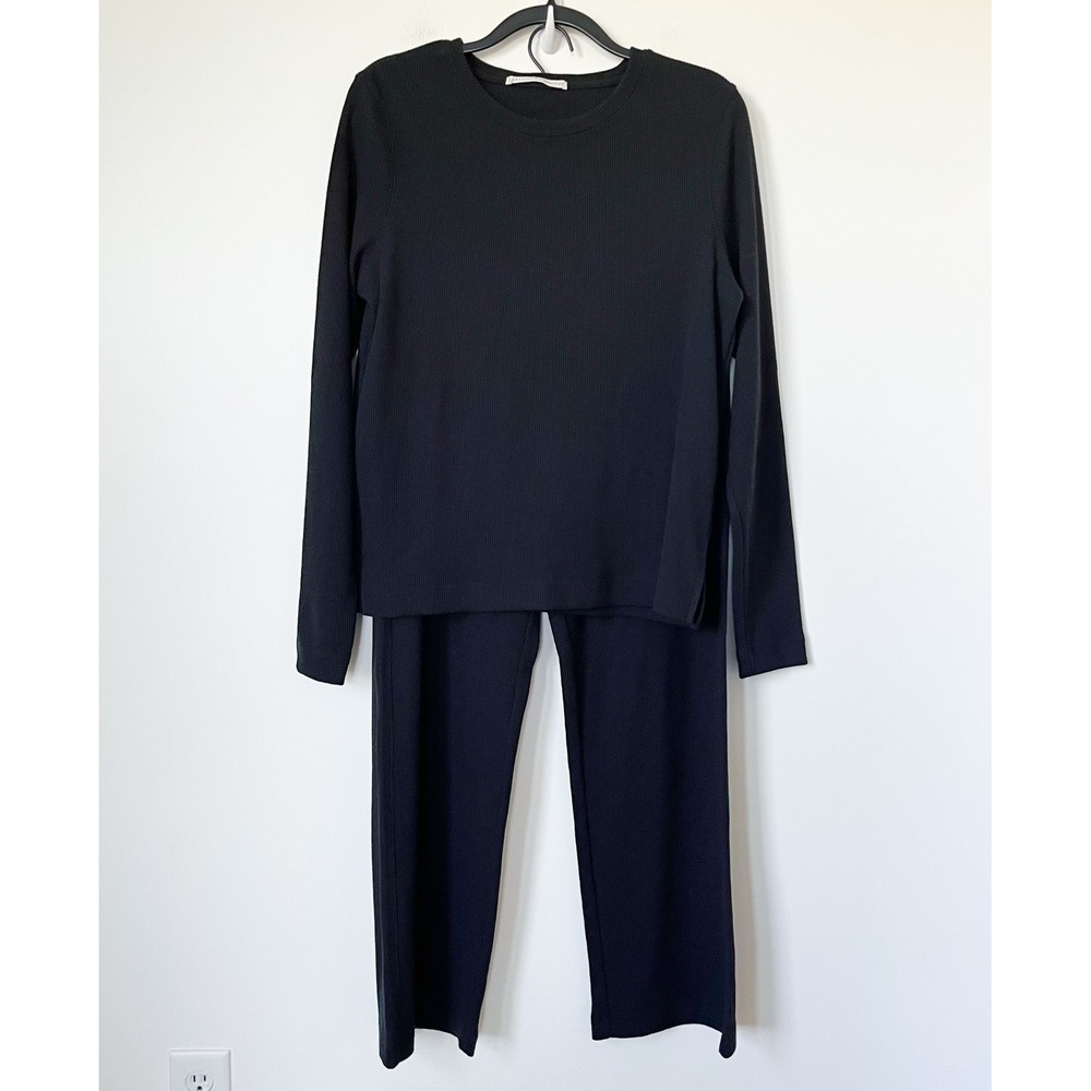 Peruvian Connection Waffle Knit Top Wide Leg Pant Lounge Set  Black Womens Large
